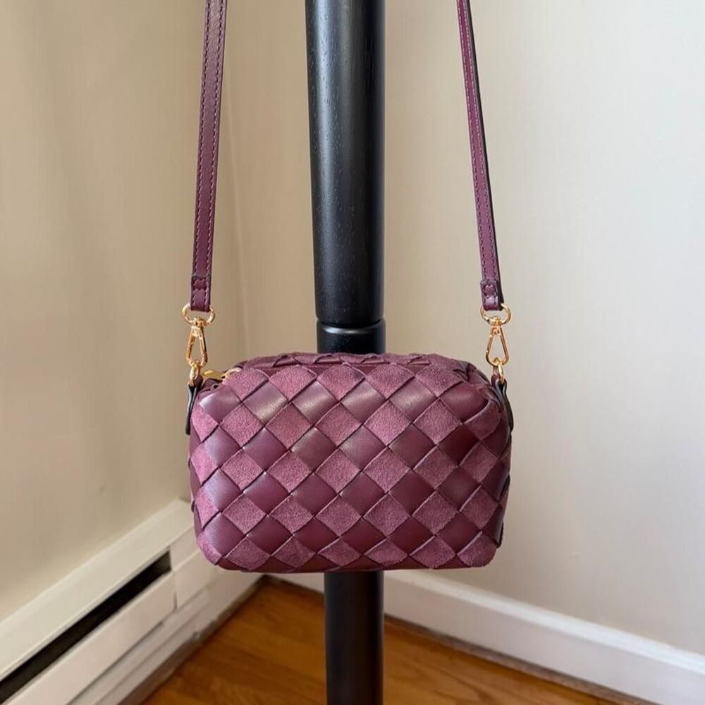 Woven Faux Leather Mini Crossbody Bag Burgundy